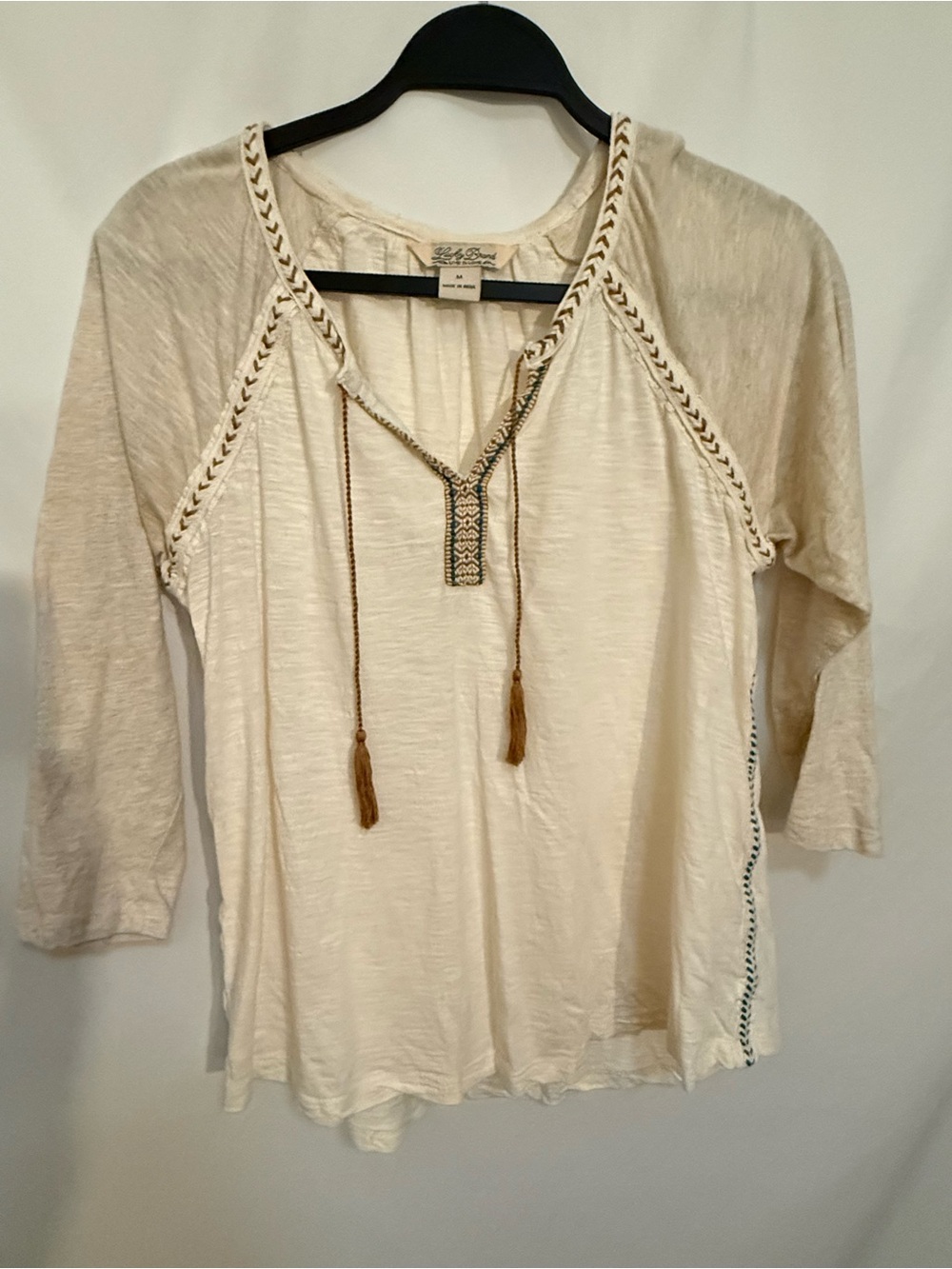 Lucky Brand Cream Boho Tie-Neck Long Sleeve Tee with Embroidered Trim size M